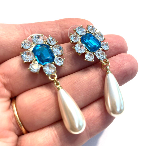 Dramatic Gold Pierced Earrings Drop & Dangle Pearl Teardrop & Blue Rhinestones - Picture 6 of 6